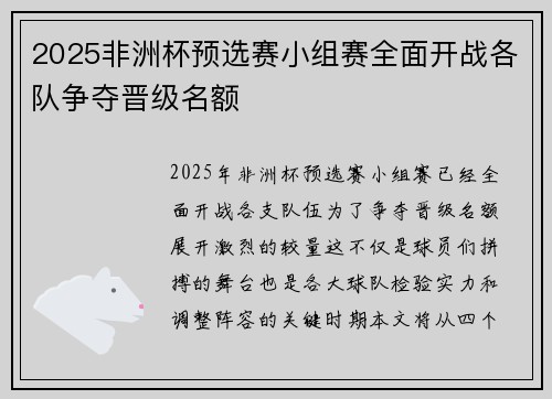 2025非洲杯预选赛小组赛全面开战各队争夺晋级名额